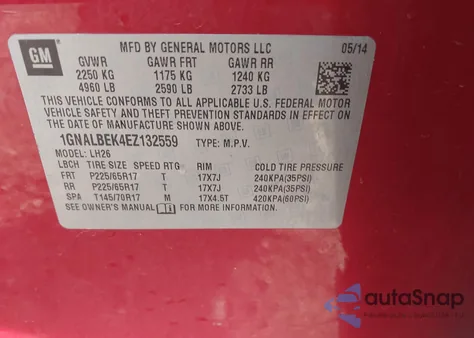 2014 Chevrolet Equinox 1Lt from USA, damaged, VIN 1GNALBEK4EZ132559